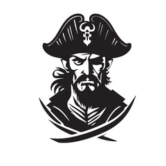 Pirate head minimal modern icon. Simple black and white vector illustration of angry captain. Ship commandant. Logo design for bar or alcohol. Rum business identity. Mascot for adventure or sport team