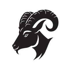 Ram vector icon. Minimal modern black and white illustration of sheep head. Zodiac sign animal. Horned creature. Symbol of strength. Strong element. Powerful business, company logo idea. Head of goat.