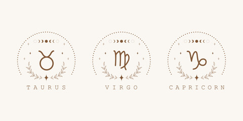 Naklejka premium Taurus, virgo, capricorn. Earth zodiac signs in boho style. Astrological icons on white background. Mystery and esoteric. Horoscope vector illustration. Spiritual symbols for tarot cards, calendars.