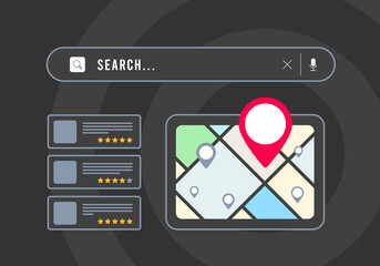 Local Search - small business seo marketing strategy based on consumer near me searches. Browser with local business listing, map and red pin icon, search result with nearby places with star rating - obrazy, fototapety, plakaty