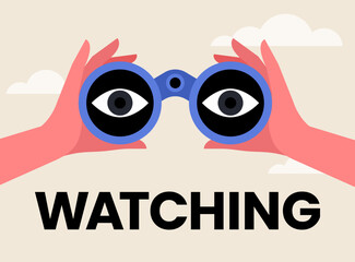 Hands hold binoculars. Search engine or research. big eyes looking forward through lenses. Concept of vision, spying. Future strategy, business opportunity, exploration. Trendy vector illustration.