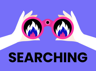Hands hold binoculars. Search engine or research. big eyes looking forward through lenses. Concept of vision, spying. Future strategy, business opportunity, exploration. Trendy vector illustration.
