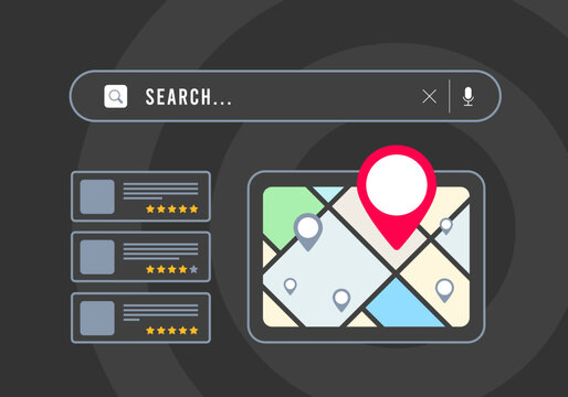 Local Search - small business seo marketing strategy based on consumer near me searches. Browser with local business listing, map and red pin icon, search result with nearby places with star rating