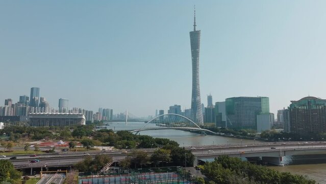 Panoramic view of Guangzhou  city in China, aerial dolly in