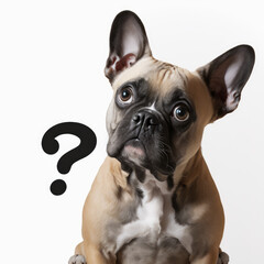 Pug with a question mark next to it on a white background
