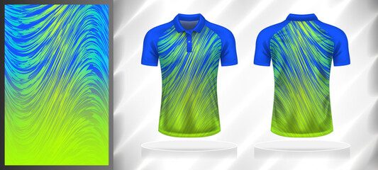 Vector sport pattern design template for Polo T-shirt front and back view mockup. Blue-green color gradient abstract grunge curve line texture background illustration.