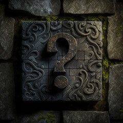 Question mark on a cube on the wall, stone wall like that in a fort, rendered 3d