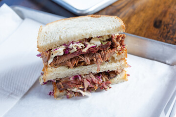 A view of a smoked brisket sandwich.