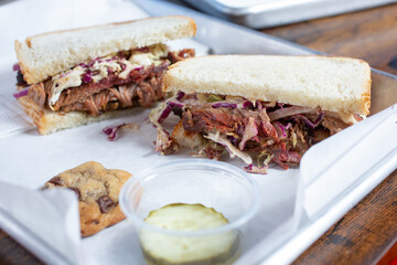 A view of a smoked brisket sandwich.