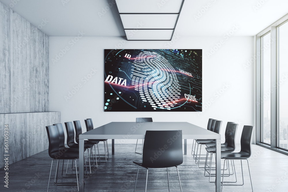 Aufkleber Abstract fingerprint scan interface on presentation monitor in a modern boardroom, digital access concept. 3D Rendering