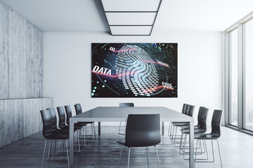 Abstract fingerprint scan interface on presentation monitor in a modern boardroom, digital access concept. 3D Rendering