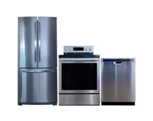 Household appliances on a white background. Home appliances. Electric cooker stove, refrigerator and washing machine. Energy efficient home appliances