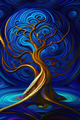 Abstract golden swirly tree illustration.  An original, high quality, big size digital graphical illustration, mixed media. Based on AI generated artwork. Generative AI