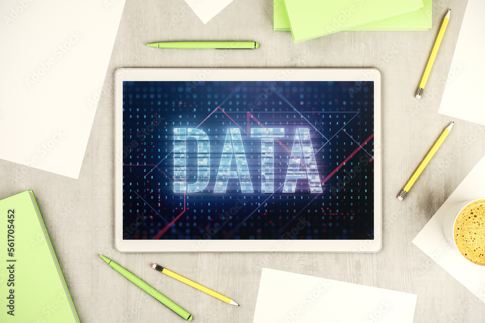 Poster creative data word hologram on modern digital tablet screen, big data and blockchain concept. top vi