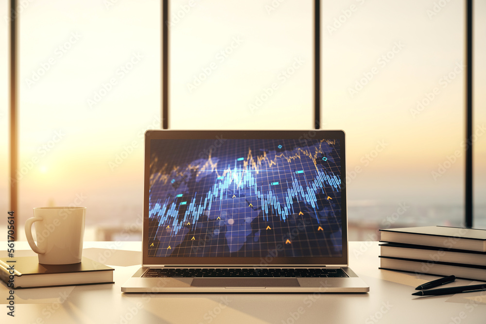 Poster Modern computer screen with abstract creative financial chart with world map, research and analytics concept. 3D Rendering