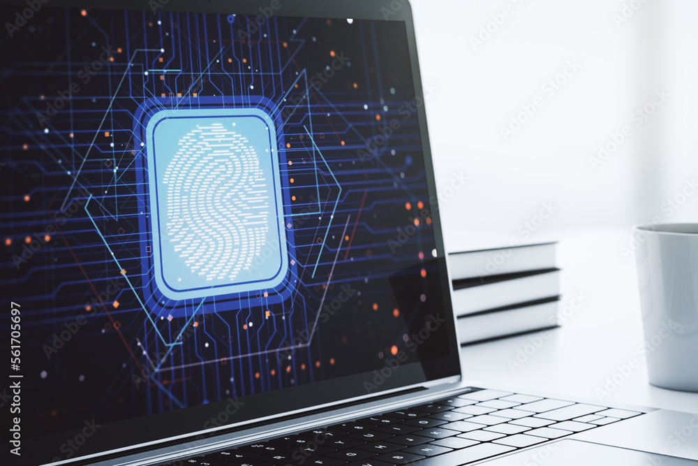 Aufkleber Modern computer display with abstract graphic fingerprint sketch, fingerprint scan data concept. 3D Rendering