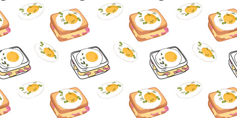 Seamless pattern with hot sandwich with egg, ham and cheese. Flat vector illustration