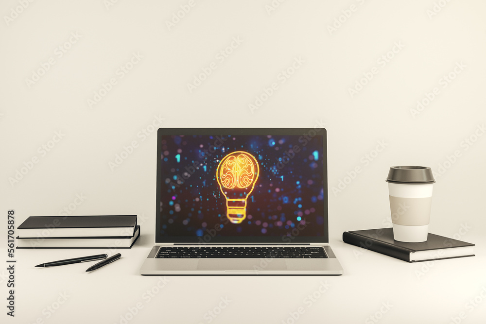 Poster Creative idea concept with light bulb and human brain illustration on modern laptop screen. Neural networks and machine learning concept. 3D Rendering