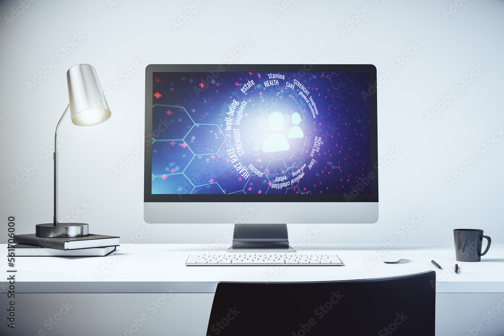 Poster creative abstract people icons hologram on modern computer monitor, life and health insurance concep