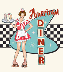 Vintage Diner metal sign in traditional American style with waitress on roller skates. - obrazy, fototapety, plakaty