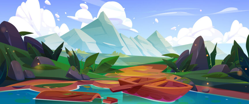 Mountain valley scene with lake and boat. Nature panorama, summer landscape with wooden boat, river, meadows with green grass and stones, hills and rocks on horizon, vector cartoon illustration