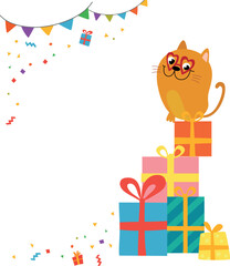 Funny cartoon cat on the mountain of gifts for birthday card or party invitation. Vector illustration