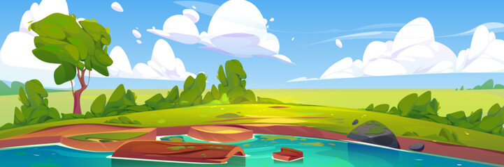 Nature scene with lake. Summer landscape with green trees, grass, bushes, pond and wooden log in water. Fields, river coast and clouds in sky, vector cartoon illustration