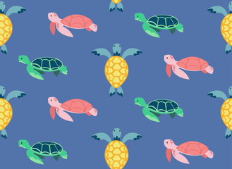 Seamless patterns with sea turtles. Beautiful underwater world texture in flat style.