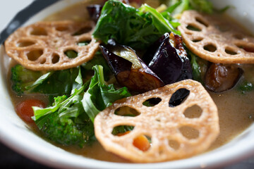 A view of a vegetarian ramen bowl.
