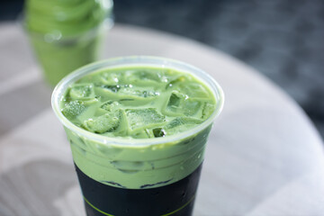 A view of a matcha latte beverage.