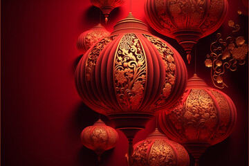 an ultra hd detailed of many lampion, red background with gold ornament
