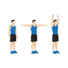 Man doing double arm side or lateral raises to overhead extension exercise. Flat vector illustration isolated on white background