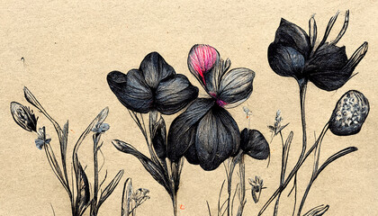 Colorful wildflowers on pale black paper background