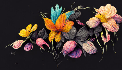 Colorful wildflowers on pale black paper background