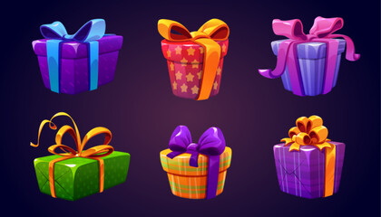 Set of closed gift boxes isolated on background. Vector cartoon illustration of colorful striped, dotted and checkered surprise packages decorated with ribbon bows, game reward