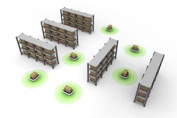 Conveyance system in the warehouse. A robot that automatically carries packages. In-factory delivery system.