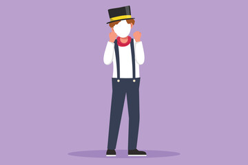 Cartoon flat style drawing mime artist stands with celebrate gesture and white make up face makes audience laugh with silent comedy. Entertainment worker on working. Graphic design vector illustration