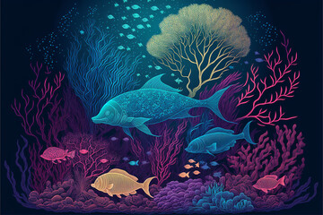 Line drawing color of a beautiful magical underwater habitate