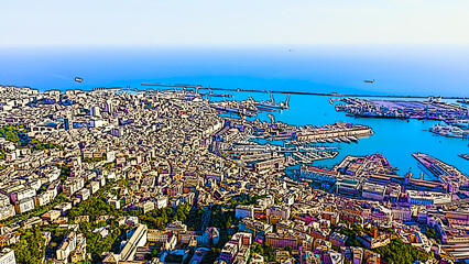 Genoa, Italy. Central part of the city. General panorama of the city with the port. Bright cartoon style illustration. Aerial view