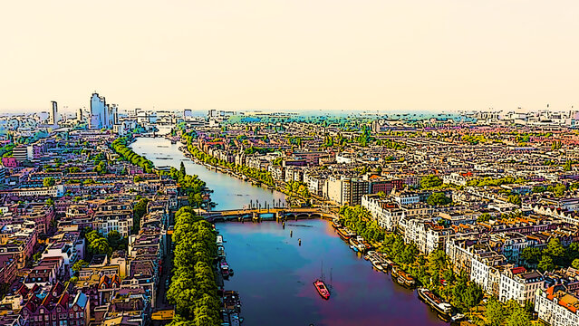 Amsterdam, Netherlands. Flying over the city rooftops. Amstel River. Bright cartoon style illustration. Aerial view