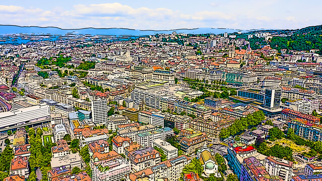 Lausanne, Switzerland. Flight over the central part of the city. La Cite is a district historical centre. Bright cartoon style illustration. Aerial view