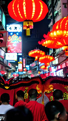 Naklejka premium Chinese New Year celebration. Group of people perform a traditional lion dance. generative ai