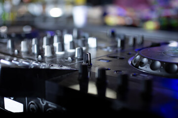 A view of DJ turntable equipment. 