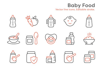 Baby food outline icons, such as spoon, jar, powder, porridge and more. Editable stroke.