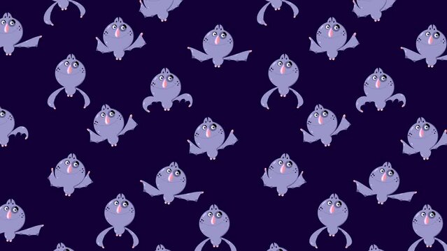 Bat cartoon blue characters wallpaper flying on dark violet background. Cute children animation good as backdrop for intro, party, television programme, presentation, etc... Seamless loop.