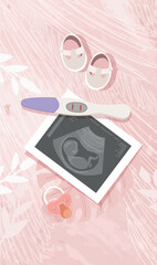 Naklejka premium A positive pregnancy test and an ultrasound picture of a baby, a nipple on a pink background. Parenthood concept, birth expectations, card for social media stories. Modern vector illustration.