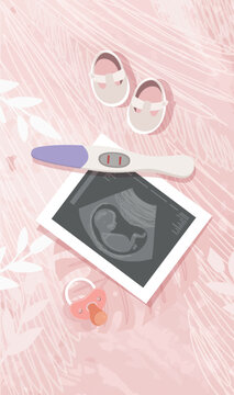 A positive pregnancy test and an ultrasound picture of a baby, a nipple on a pink background. Parenthood concept, birth expectations, card for social media stories. Modern vector illustration.