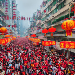  Chinese New Year celebration. Group of people perform a traditional lion dance. generative ai