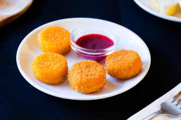 Spanish croquettes tapa. The croquette is a portion of dough made from a dense sauce such as bechamel and a mincemeat of various ingredients.