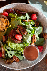 A top down view of a spring kale salad.